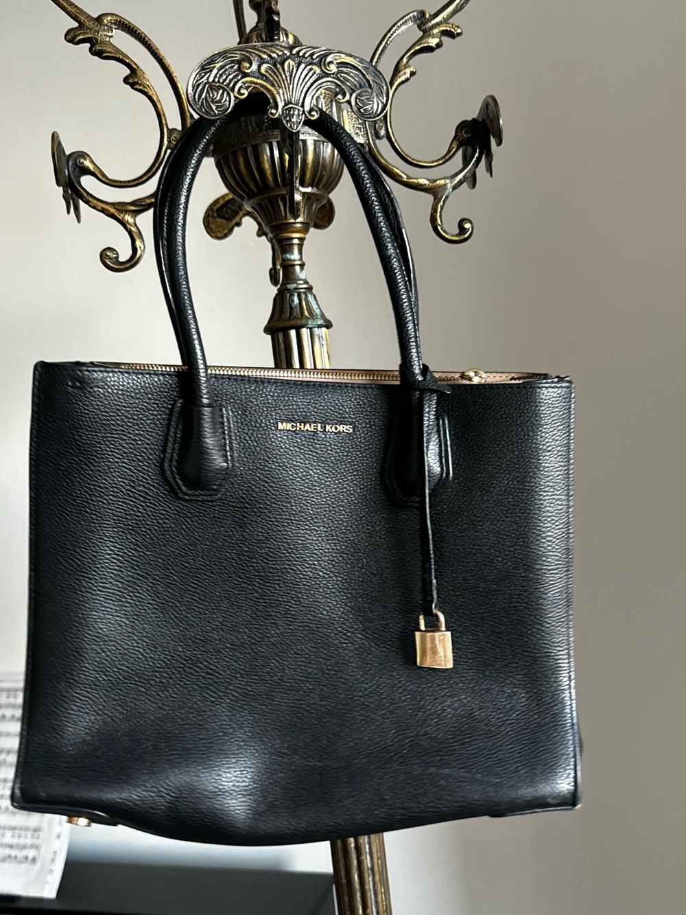 Michael Kors Black Leather Tote with Gold Lock Accent